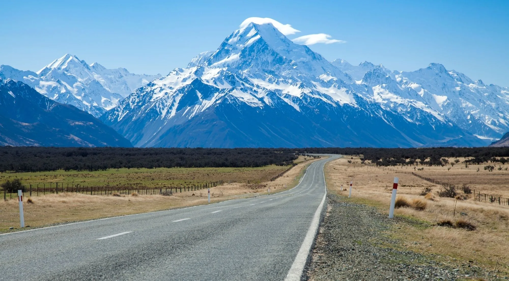 State Highway 80 running straight towards snow-covered Aoraki/Mount Cook