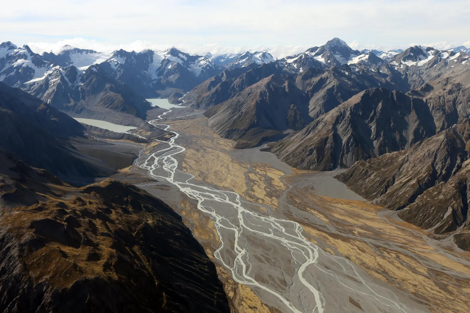 Braided glacial river and pale meltwater lakes in a wide Southern Alps valley from the air