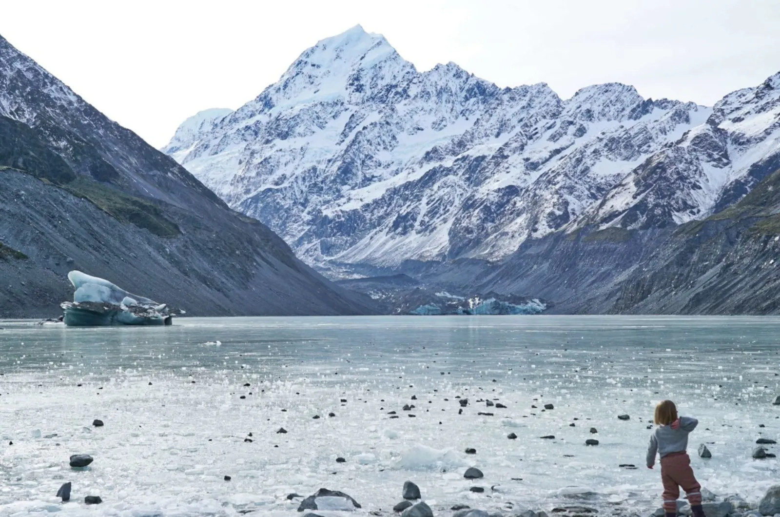 Hooker Lake half frozen at the foot of Aoraki/Mount Cook, with an iceberg and a child standing on the shore